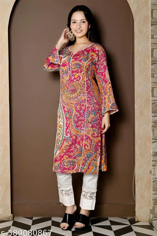Pink_Floral_Printed_Cotton_Blend_Straight_Flared_Sleeve_Short_Kurti_For_Women