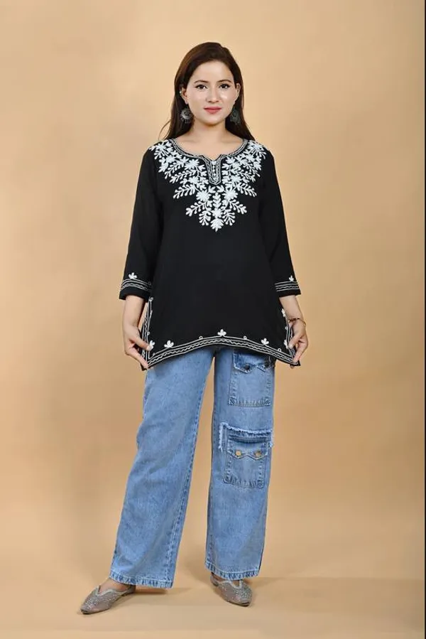 Black_Viscose_Rayon_Embroidered_3/4_Sleeve_Kurti_For_Women