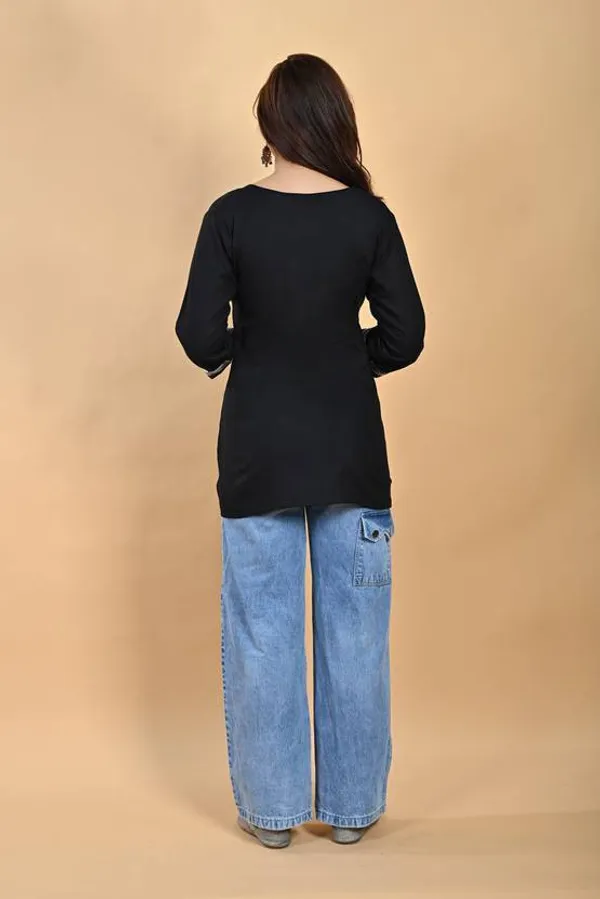 Black_Viscose_Rayon_Embroidered_3/4_Sleeve_Kurti_For_Women