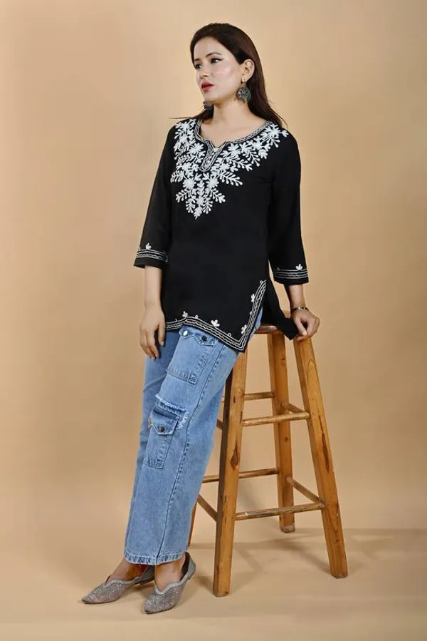 Black_Viscose_Rayon_Embroidered_3/4_Sleeve_Kurti_For_Women
