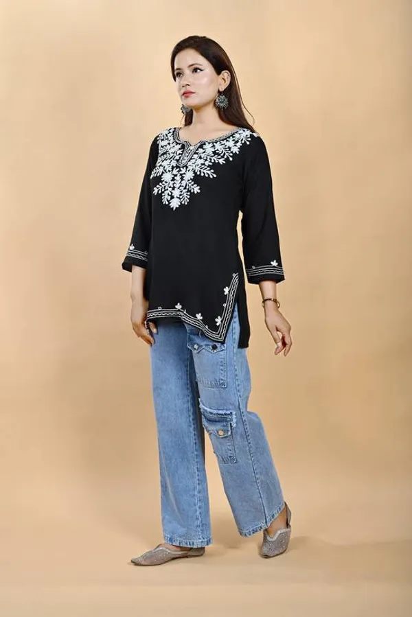 Black_Viscose_Rayon_Embroidered_3/4_Sleeve_Kurti_For_Women