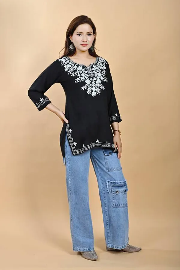 Black_Viscose_Rayon_Embroidered_3/4_Sleeve_Kurti_For_Women