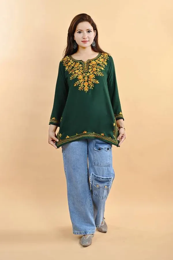 Green_Viscose_Rayon_Embroidered_3/4_Sleeve_Kurti_For_Women