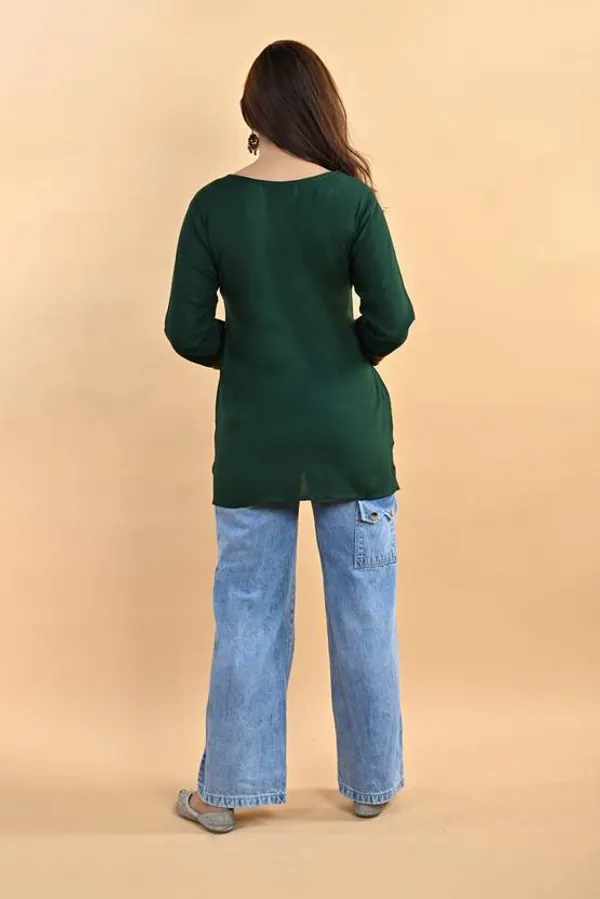 Green_Viscose_Rayon_Embroidered_3/4_Sleeve_Kurti_For_Women