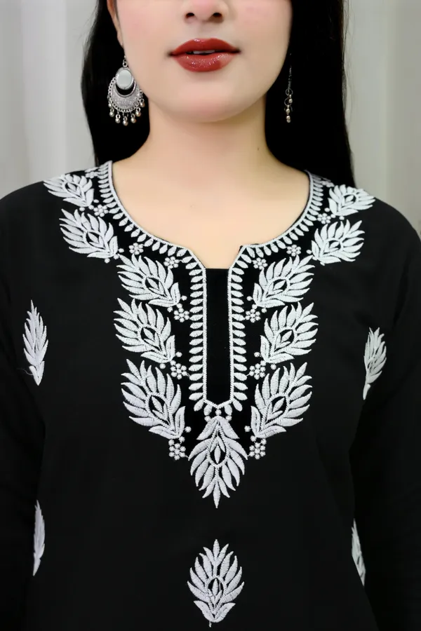 Black_Viscose_Rayon_Embroidered_3/4_Sleeve_Kurti_For_Women