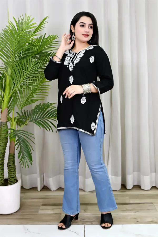 Black_Viscose_Rayon_Embroidered_3/4_Sleeve_Kurti_For_Women