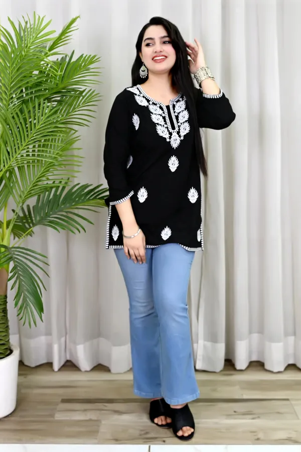 Black_Viscose_Rayon_Embroidered_3/4_Sleeve_Kurti_For_Women