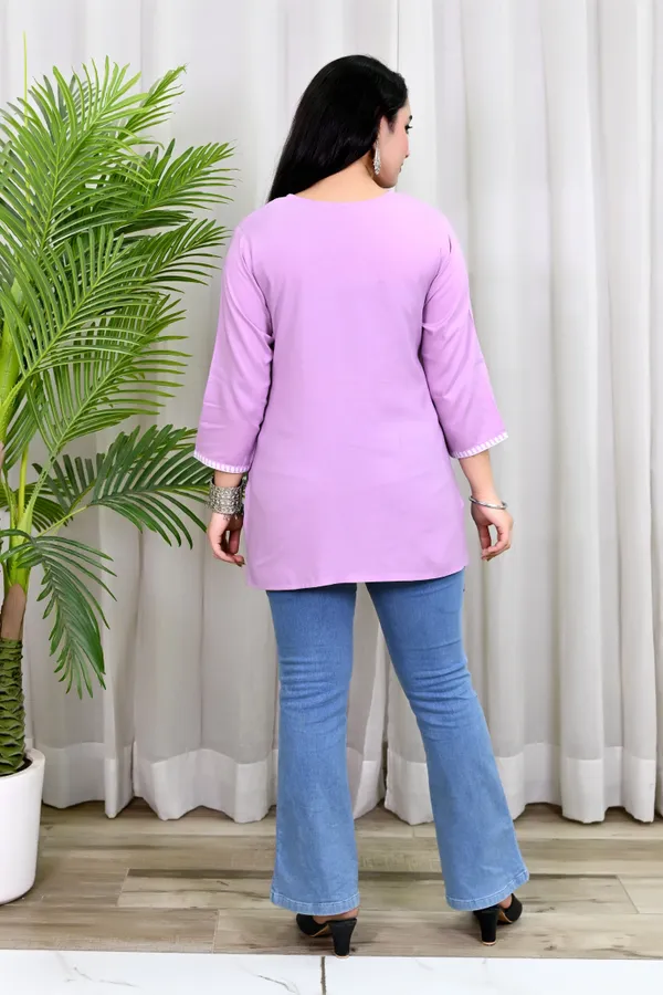 Purple_Viscose_Rayon_Embroidered_3/4_Sleeve_Kurti_For_Women