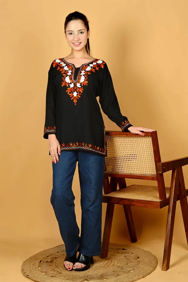 Black_Viscose_Rayon_Embroidered_Full_Sleeve_Kurti_For_Women