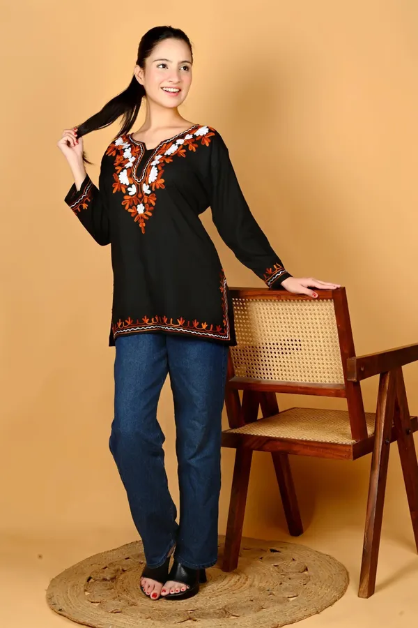 Black_Viscose_Rayon_Embroidered_Full_Sleeve_Kurti_For_Women