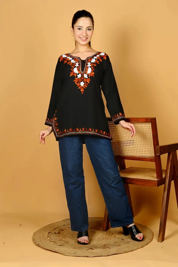 Black_Viscose_Rayon_Embroidered_Full_Sleeve_Kurti_For_Women