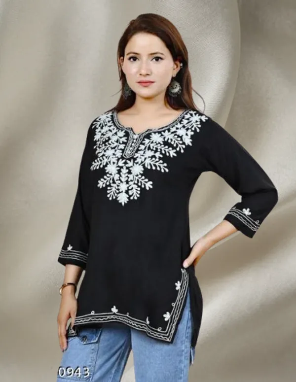 Black_Embroidered_Rayon_Three_Quarter_Sleeves_Short_Kurti_For_Women