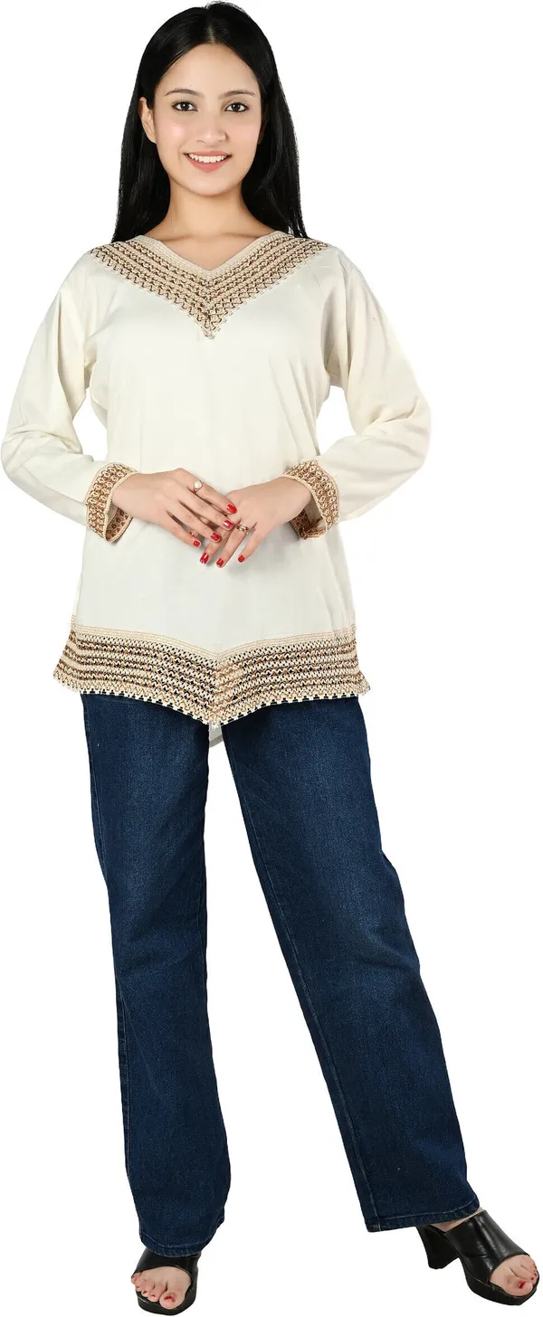 Beige_Viscose_Rayon_Embellished_Full_Sleeve_Kurti_For_Women