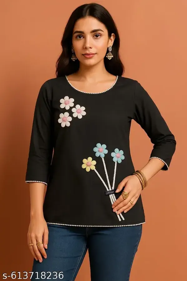 Black_Round_Neck_Floral_Embroidery_Short_Kurti_For_Women