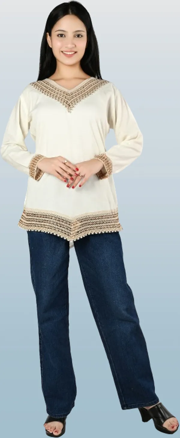 Beige_Viscose_Rayon_Embellished_Full_Sleeve_Kurti_For_Women