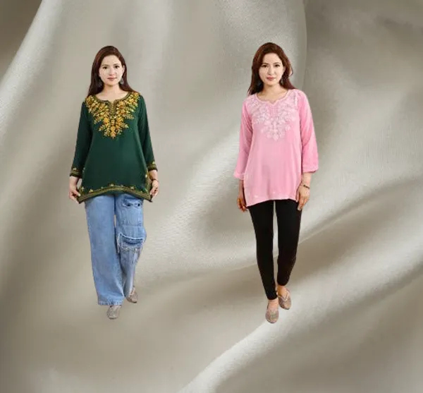 Green_&_Pink_Floral_Embroidered_Regular_Straight_Rayon_Three_Quarter_Sleeves_Short_Kurti_For_Women_(Pack_Of_2)