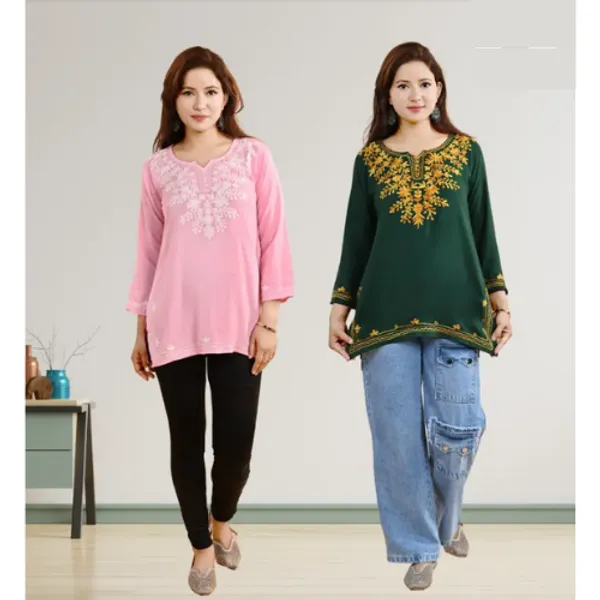 Green_&_Pink_Floral_Embroidered_Regular_Straight_Rayon_Three_Quarter_Sleeves_Short_Kurti_For_Women_(Pack_Of_2)