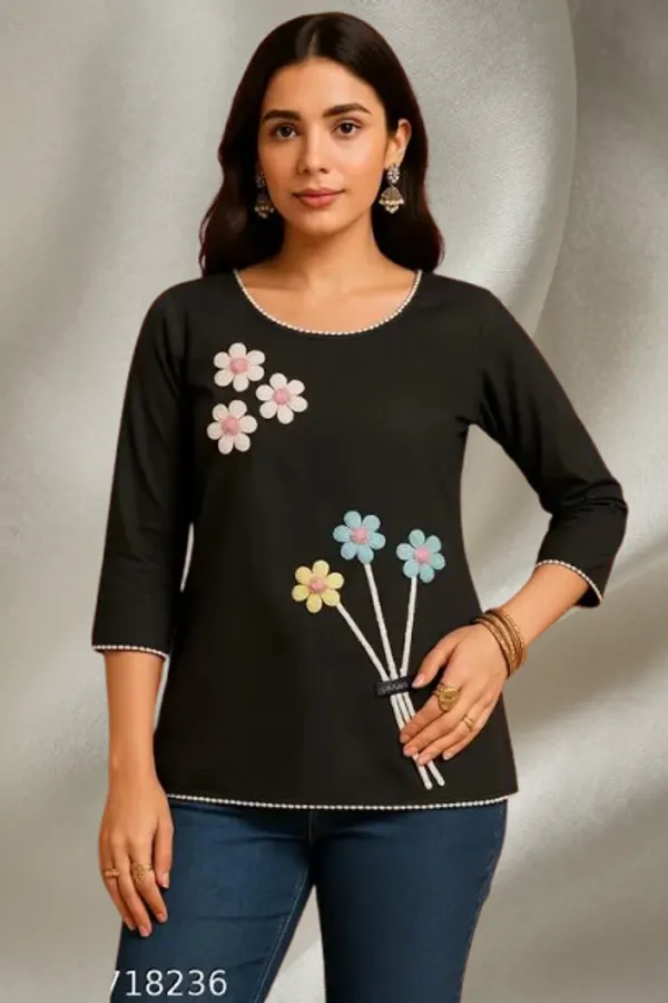 Black_Round_Neck_Floral_Embroidery_Short_Kurti_For_Women