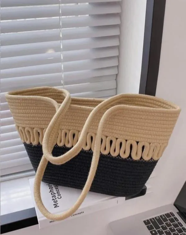Beige_&_Black_Cotton_Rope_Tote_Shoulder_Handbag_For_Women