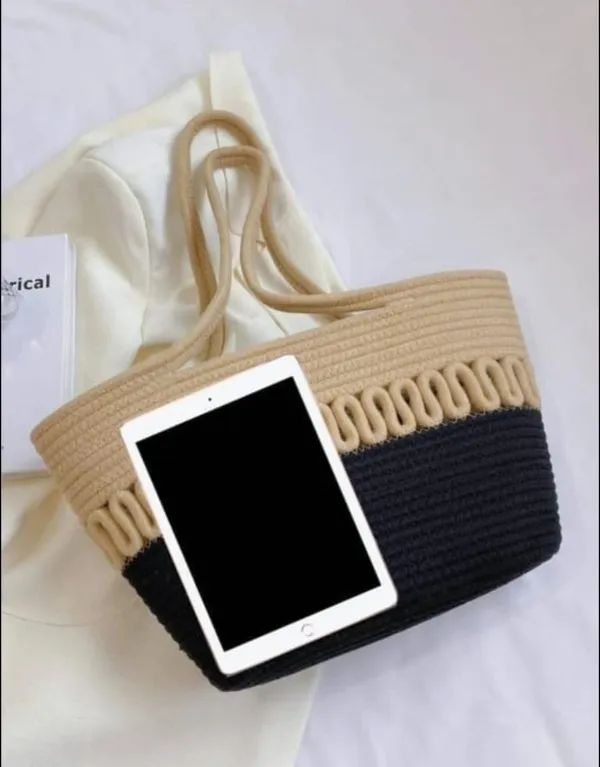 Beige_&_Black_Cotton_Rope_Tote_Shoulder_Handbag_For_Women