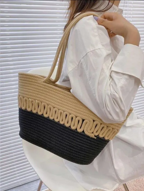 Beige_&_Black_Cotton_Rope_Tote_Shoulder_Handbag_For_Women