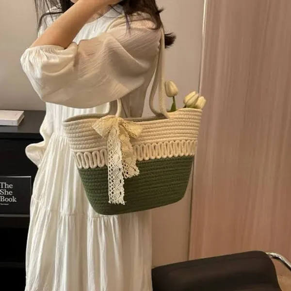 Beige_&_Green_Cotton_Rope_Tote_Shoulder_Handbag_For_Women