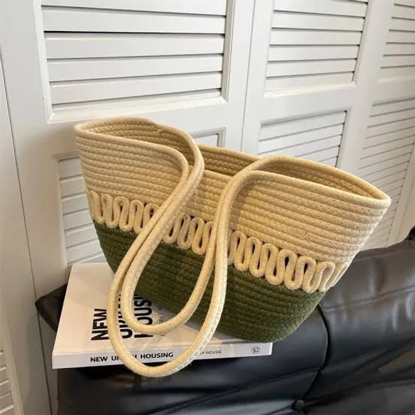 Beige_&_Green_Cotton_Rope_Tote_Shoulder_Handbag_For_Women