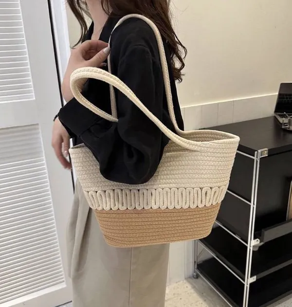 Beige_&_White_Cotton_Rope_Tote_Shoulder_Handbag_For_Women