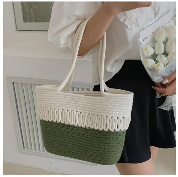 Green_&_White_Cotton_Rope_Tote_Shoulder_Handbag_For_Women