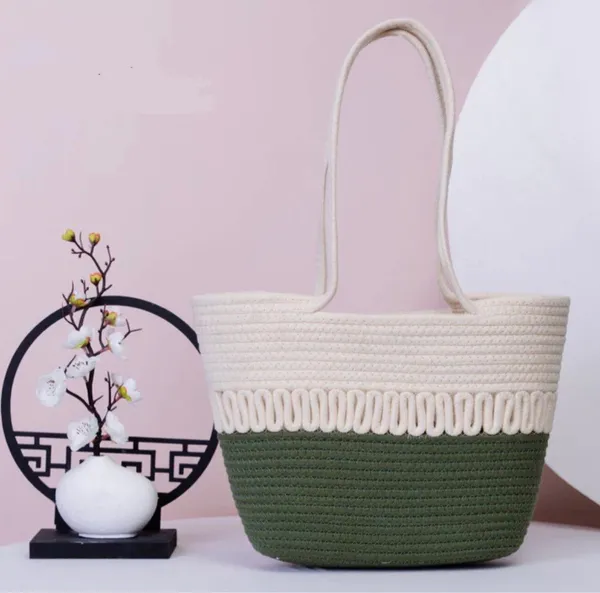 Green_&_White_Cotton_Rope_Tote_Shoulder_Handbag_For_Women