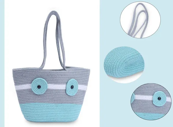 Grey_&_Aqua_blue_Large_Capacity_Cotton_Tote_Handbag_with_Zip__Casual_Shopping_&_Travel_Bag