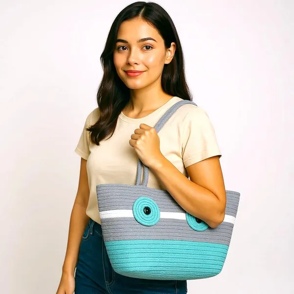 Grey_&_Aqua_blue_Large_Capacity_Cotton_Tote_Handbag_with_Zip__Casual_Shopping_&_Travel_Bag