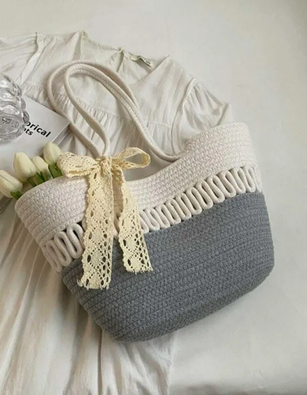Grey_&_White_Cotton_Rope_Tote_Shoulder_Handbag_For_Women