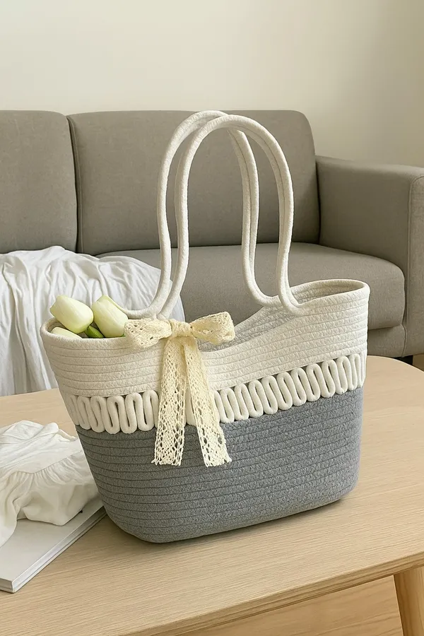 Grey_&_White_Cotton_Rope_Tote_Shoulder_Handbag_For_Women