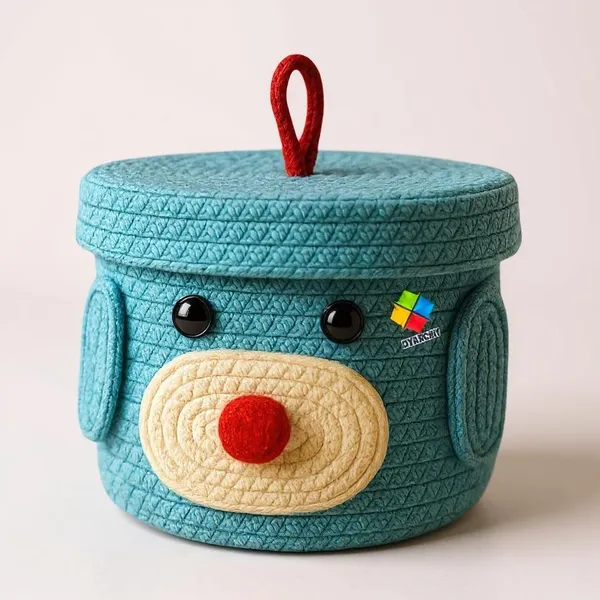 Turquoise_blue_Cute_Animal_Face_Cotton_Rope_Storage_Basket_with_Lid__8x5_Inch