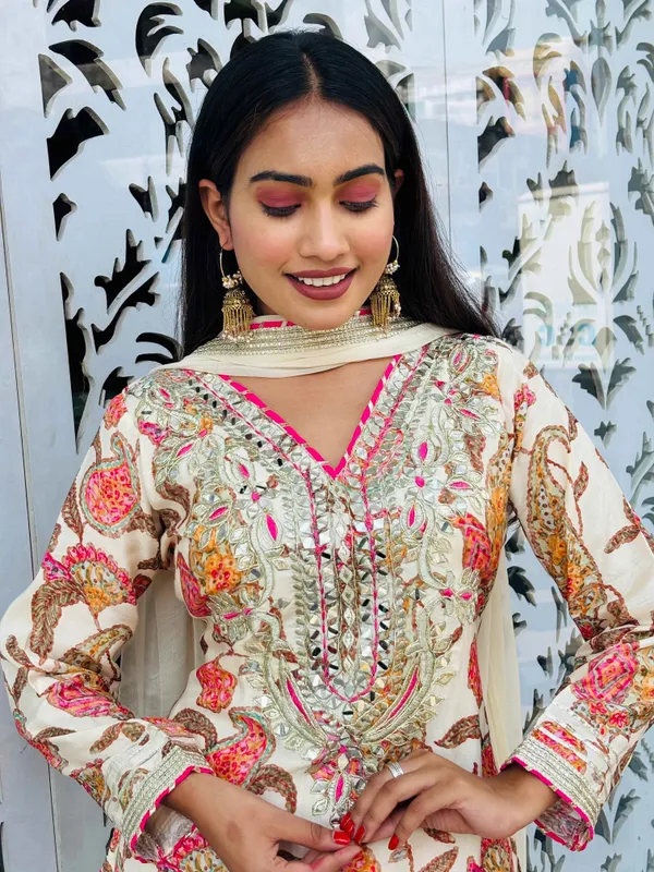 Cream__Pastel_Base_With_Warm_Floral_Tones_Soft_Crepe_Kurti_Set_For_Women
