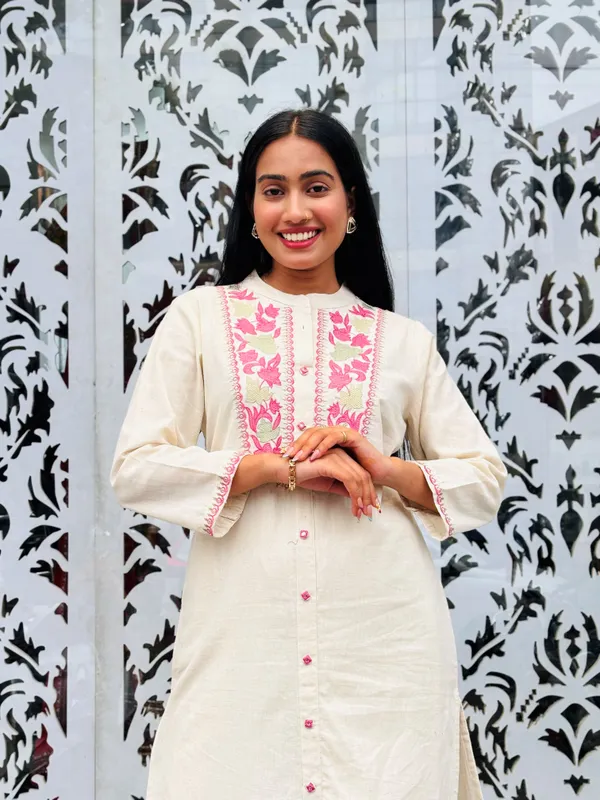 Cream_Cotton-Linen_Blend_Kurti_For_Women