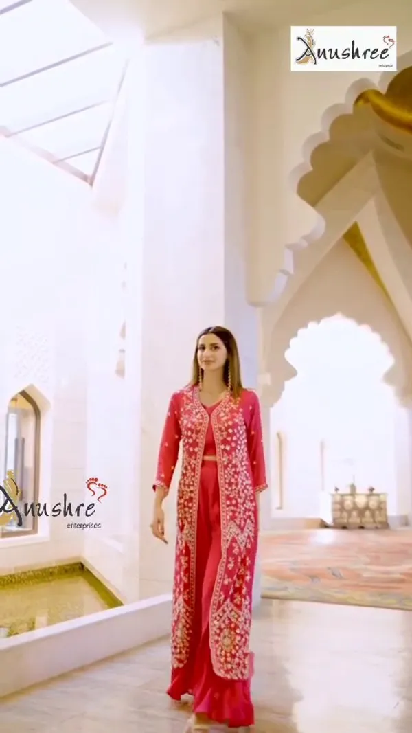 Hot_Pink_Georgette_With_Fine_Thread_Embroidery_Indo_Western_For_Women