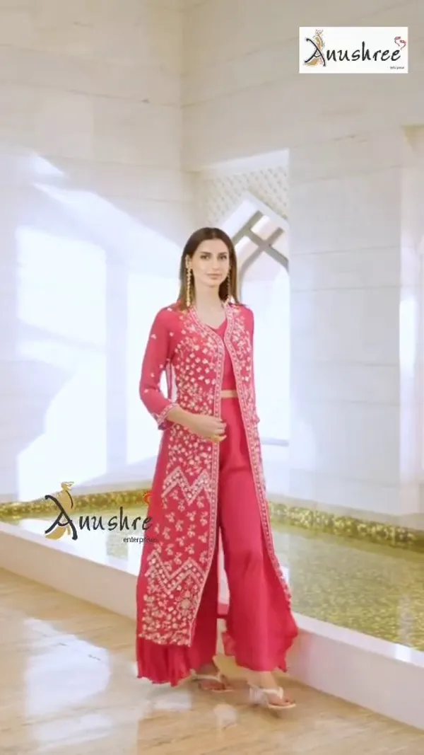 Hot_Pink_Georgette_With_Fine_Thread_Embroidery_Indo_Western_For_Women