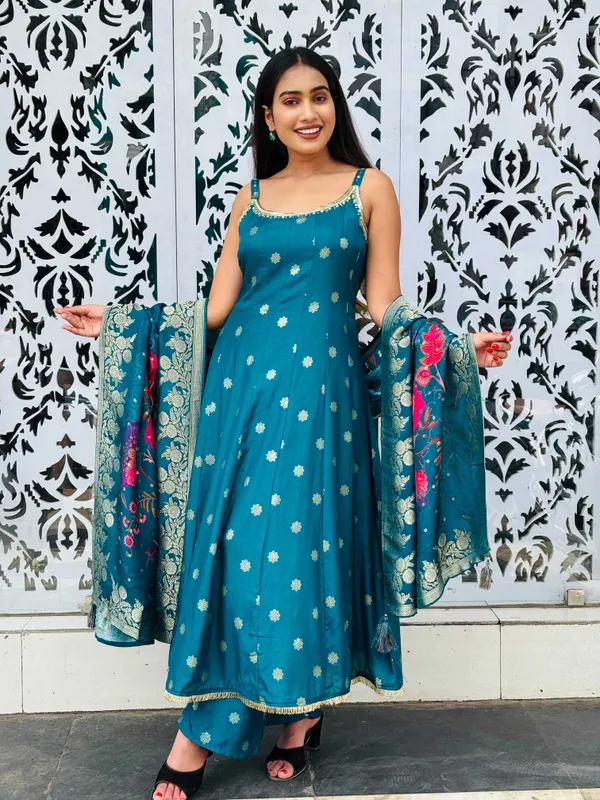 Teal_Silk-Blend_Kurti_Set_For_Women