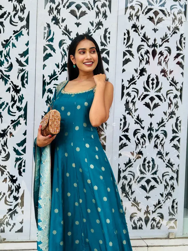 Teal_Silk-Blend_Kurti_Set_For_Women