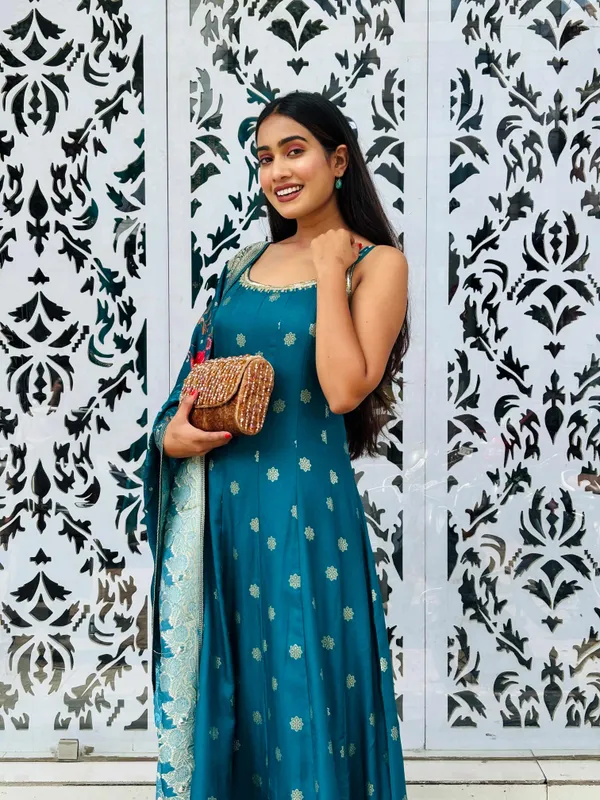 Teal_Silk-Blend_Kurti_Set_For_Women
