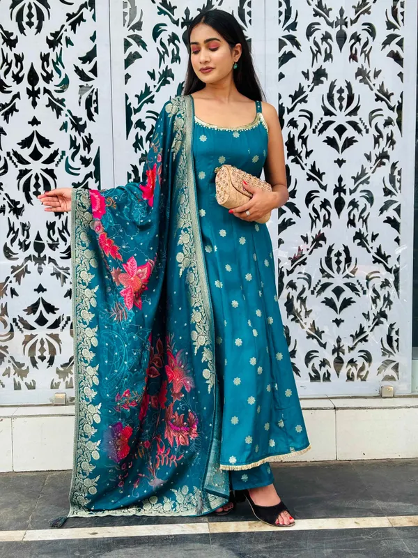 Teal_Silk-Blend_Kurti_Set_For_Women