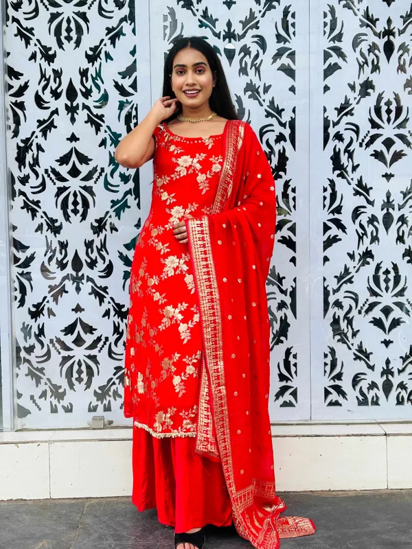 Red_&_Golden_Weaved_Silk_Kurti_Set_For_Women