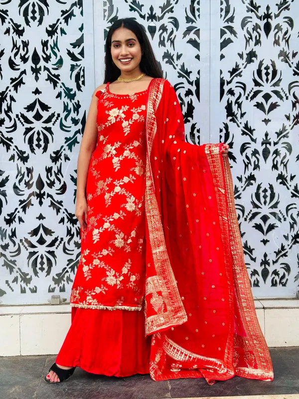 Red_&_Golden_Weaved_Silk_Kurti_Set_For_Women