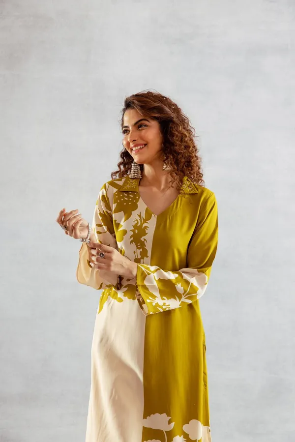 Cream_/Olive_Green_Cotton_Kurti_For_Women