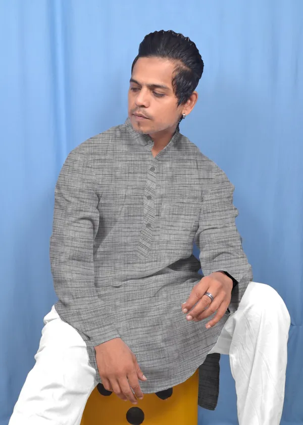Grey_Khadi_Cotton_Self_Design_Mandarin_Collar_Kurta_Pajama_Set_For_Men