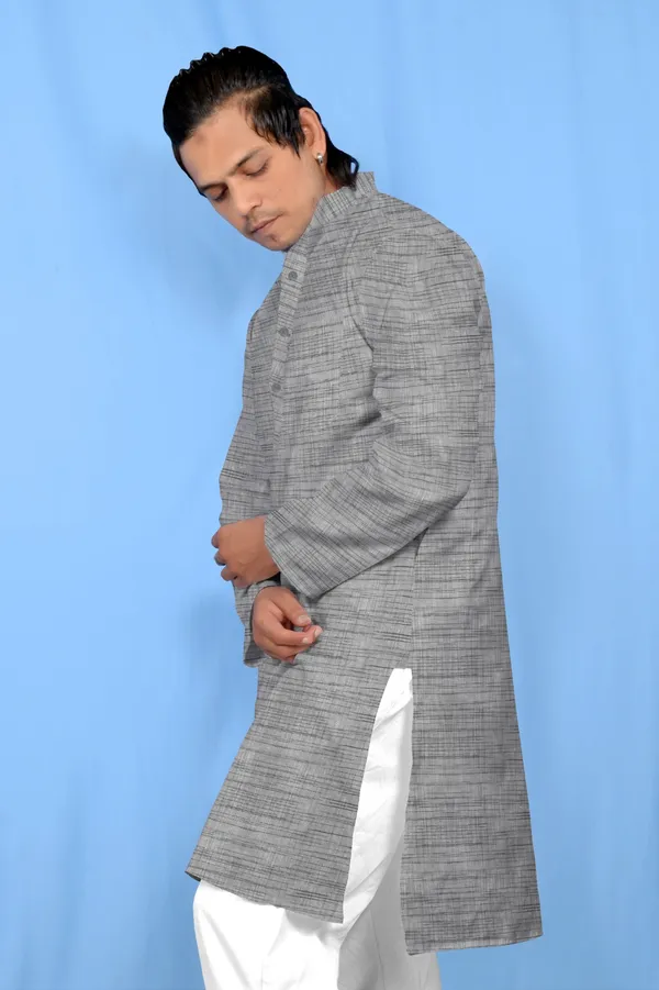 Grey_Khadi_Cotton_Self_Design_Mandarin_Collar_Kurta_Pajama_Set_For_Men