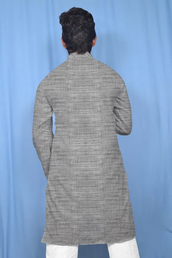 Grey_Khadi_Cotton_Self_Design_Mandarin_Collar_Kurta_Pajama_Set_For_Men