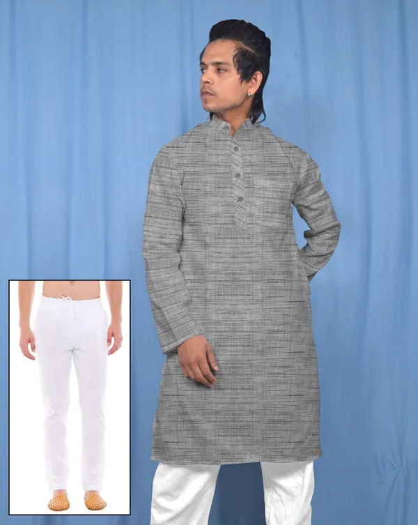 Grey_Khadi_Cotton_Self_Design_Mandarin_Collar_Kurta_Pajama_Set_For_Men